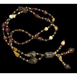 Vintage Ethnic Hand Carved Wood And Stone Beaded Necklace